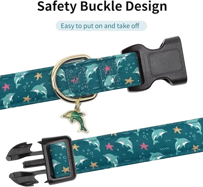 Personalized Dog Collars,Adjustable Puppy Collars with Safety Buckle for Small Medium Large Dogs,Cute and Unique Pink Cherry Pattern Pet Collar for Boy Girl Dogs. (Green Dolphin, Medium)