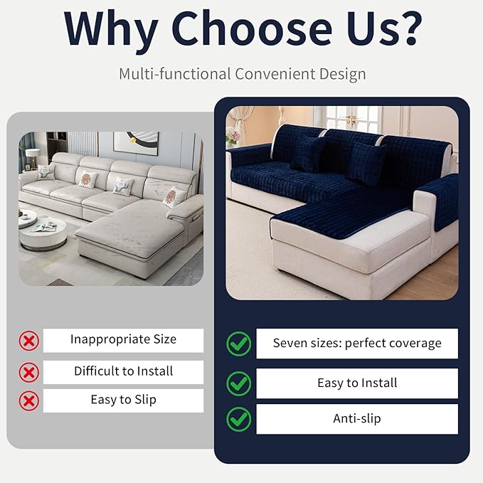 Velvet Couch Cover, Plush Sectional Sofa Cover Washable, Anti Slip Sofa Slipcover for 2-3 Cushion Sofas, Furniture Protector Covers for Pets & Kids(1PC,Navy Blue,36"×63")