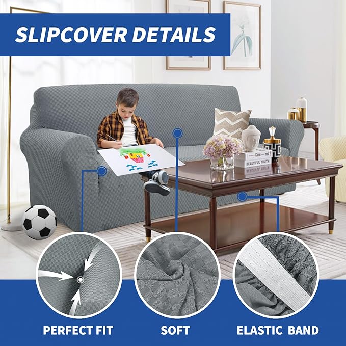 YEMYHOM Couch Cover Latest Jacquard Design High Stretch Sofa Covers for 2 Cushion Couch, Pet Dog Cat Proof Loveseat Slipcover Non Slip Magic Elastic Furniture Protector (Loveseat, Light Gray)