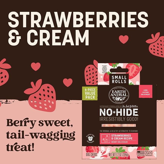 Earth Animal No-Hide Rolls Strawberries & Cream Vegetarian Recipe Small Natural Rawhide Alternative Dog Chews, 6 Pack Value Pack