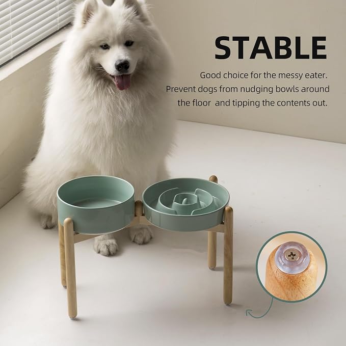 Havniva 9.5” Raised Slow Feeder Dog Bowls Set, 3.2 Cups Ceramic Slow Feeder Dog Bowl and 8.2” Dog Water Bowl with Elevated Wooden Stand Puzzle Dog Food Bowl for Large Dogs Anti-Gulping & Anti-Choking