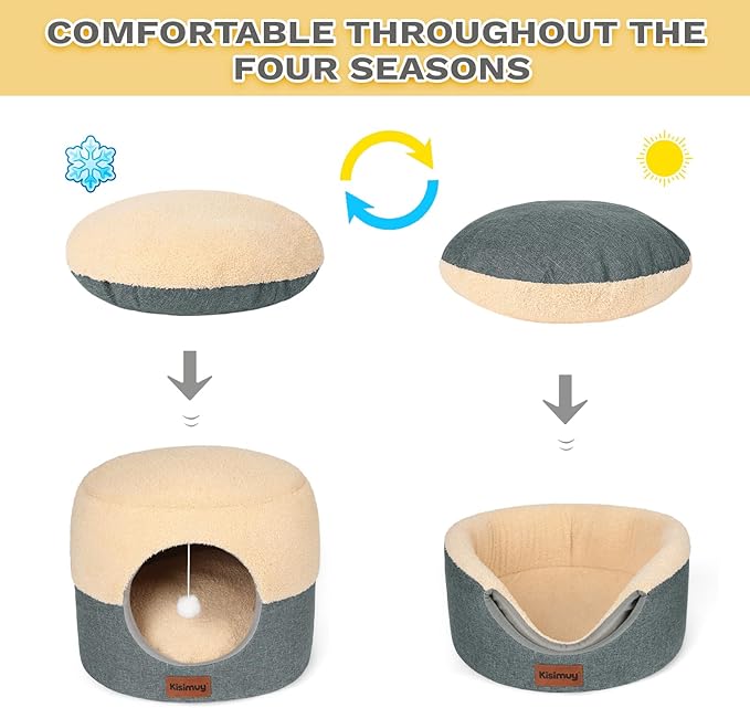 2-in-1 Cat Cave Bed & Lounger with Reversible Plush Cushion, Cat Bed for Indoor Cats, Foldable Anti-Slip Cat House - Calming Cozy Hideaway for Kitten &Small Cats with Anxiety Relief, 15.7in