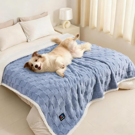 Luciphia Waterproof Dog Blanket, Leakproof Large Pet Blanket for Couch Sofa Bed Furniture Cover Protector, Washable Soft Sherpa Fleece with 3D Jacquard, Cozy Calming Reversible, Blue White, 85"x57"