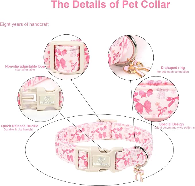 Pink Bow Dog Collar Cute Girl Dog Collars for Giant Large Dogs - Lightweight Adjustable Girly Spring Female Dogs Everyday Collar with Safety Buckle XL