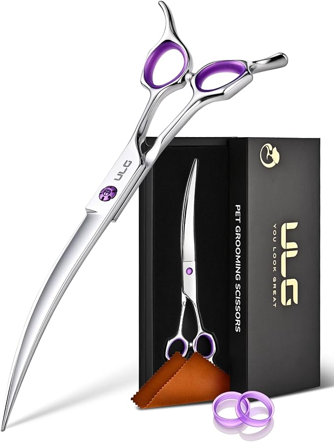 ULG 30° Curved Dog Grooming Scissors 440C Stainless Steel, 7.5" Professional Pet Grooming Shears with Reversible Butterfly Handles, Dog Scissors for Grooming Face, Eyes, Paws & Body