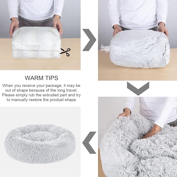 Dog Bed, Cat Calming Bed, Faux Fur Pillow Pet Donut Cuddler Round Plush Bed for Large Medium Small Dogs and Cats (Light Grey, 49.0" L x 38.0" W x 7.0" Th)
