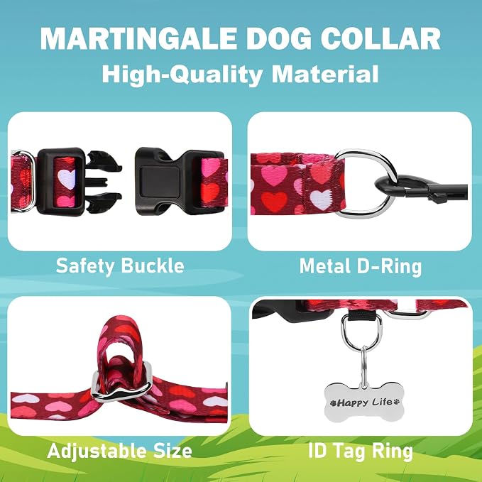 Pink Martingale Collar for Dogs with Buckle Adjustable Heart Valentines Dog Collars (Burgundy Love, Medium)
