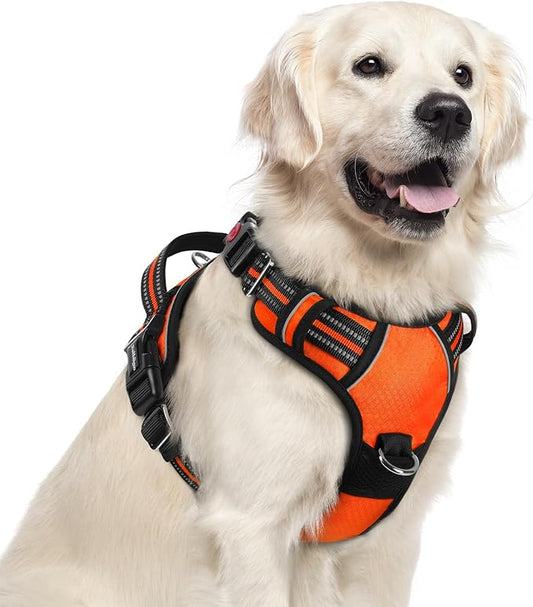 rabbitgoo Dog Harness for Large Dogs, 3 Buckles Easy On & Off No Pull Pet Vest, Soft Padded Walking Pet Harness with Control Handle, Adjustable and Reflective, Orange, XL