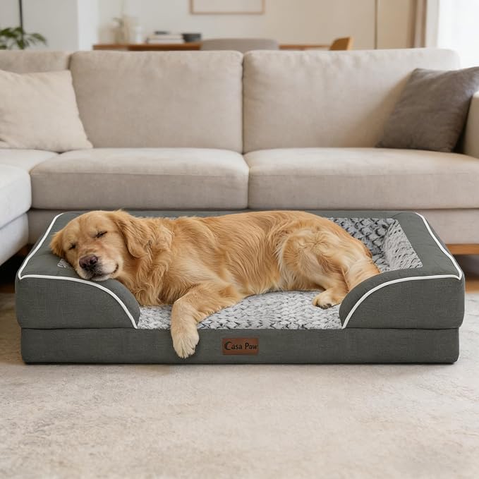 Orthopedic Dog Beds for Large Sized Dogs 35x22 Inch, Medium Waterproof Egg Crate Foam Dog Sofa Bed with Removable Washable Cover Pet Couch with Bolster Side & Non-Slip Bottom, Dark Grey