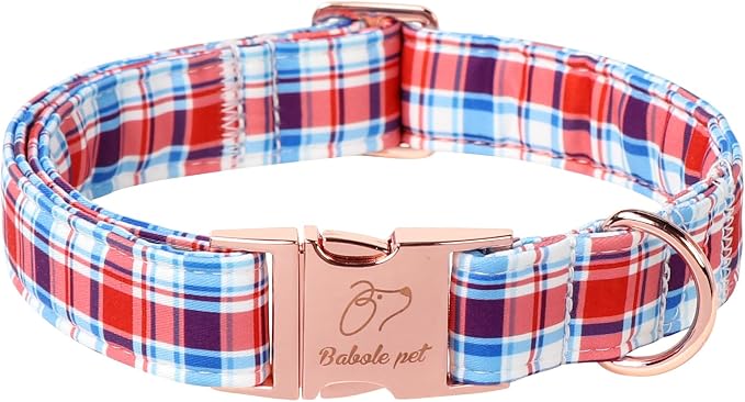Adjustable Plaid Boy Dog Collar - Classic Boy Dog Plaid Collars for Large Dogs, Durable Red White Blue Heavy Duty Metal Buckle Pet Collar L
