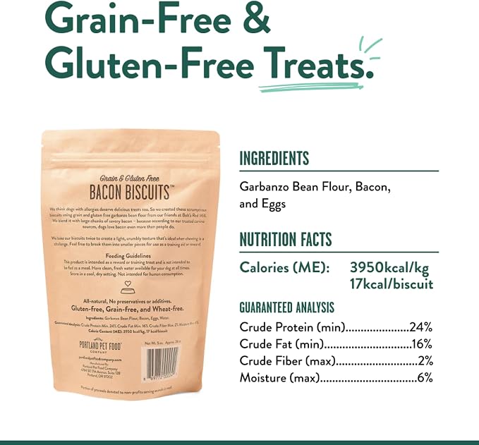 Portland Pet Food Company Bacon Dog Treats Healthy Biscuits for Large Medium & Small Dogs - Grain-Free, Human-Grade, All Natural Dog Cookies, Snacks & Training Treats - Made in the USA - 5 oz