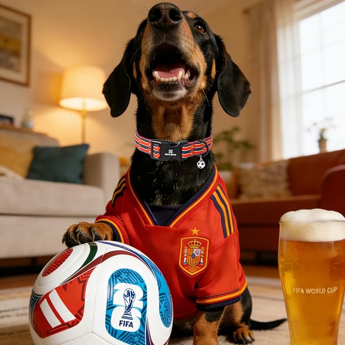 World Cup Spain Dog Collar with Soccer Pendant, La Roja Shield Star Pattern for Small Dogs, Adjustable Soft Durable Collar Gift for Male Female Puppies