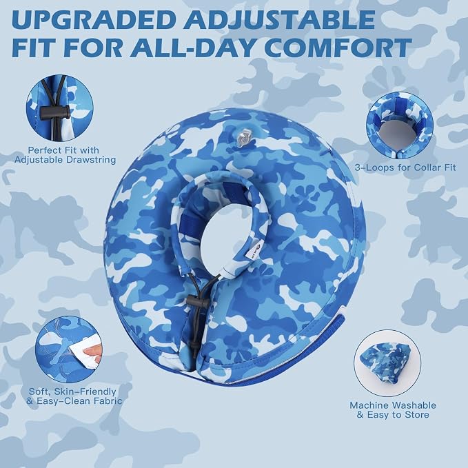 IEUUMLER Inflatable Recovery Dog Cone Collar, Neck Donut Protective ECollar, Adjustable Soft Collar for Dog and Cat After Surgery Prevent from Biting & Licking EU020 Blue Camo M