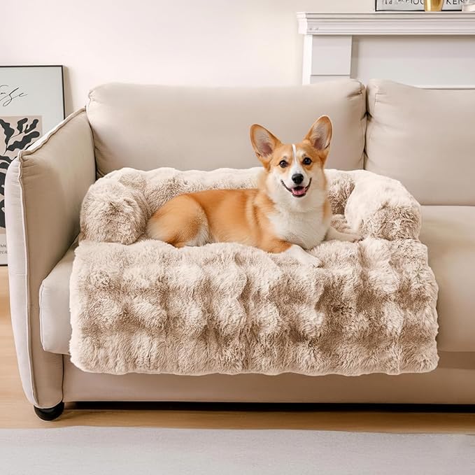Dog Bed for Couch, Calming Dog Couch Bed for Small Medium Dogs, Fluffy Faux Fur Fuzzy Washable Pet Sofa Covers Protector Mat Pad for Pets Cats Puppy