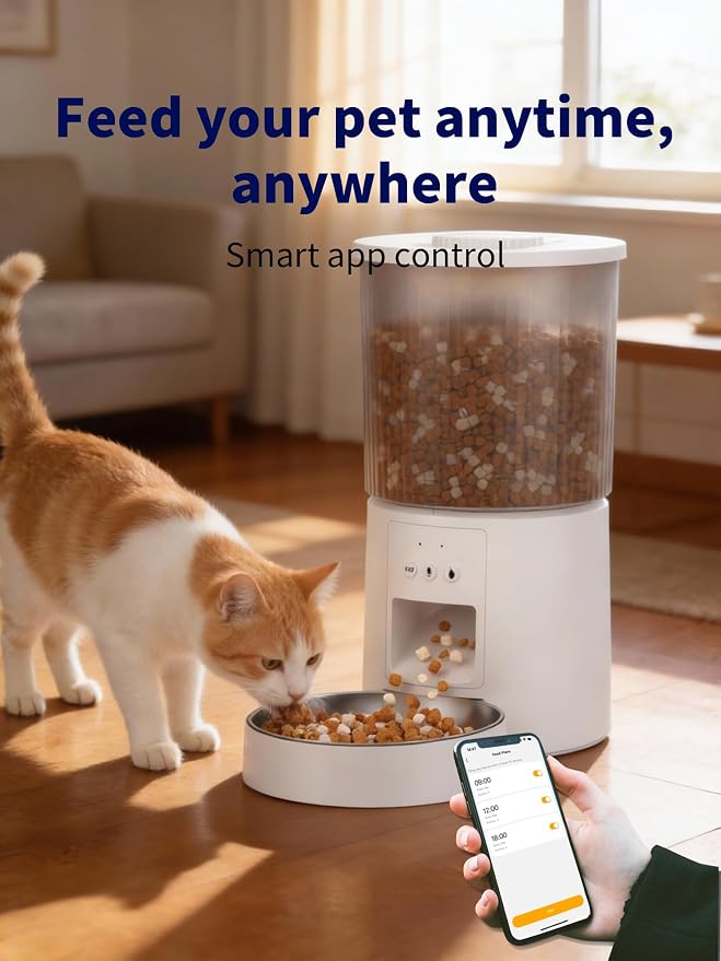 Automatic Cat Feeder, 2.4GHz WiFi Automatic Dog Food Dispenser, Fresh Protection, 4.5L Timer Feeder, Personalized Recording 10 Seconds, Easy to Clean, Stainless Steel Bowl (Single/White)