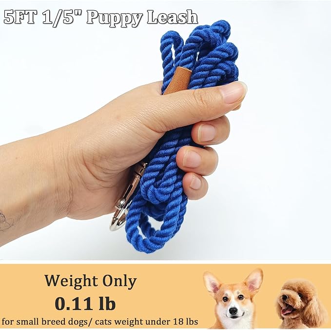 5 FT Puppy Leash for Small Dogs - 1/5" Lightweight & Soft Cotton Braided Rope Dog Leash for Tiny Breeds/Cats Daily Walks Training, Blue