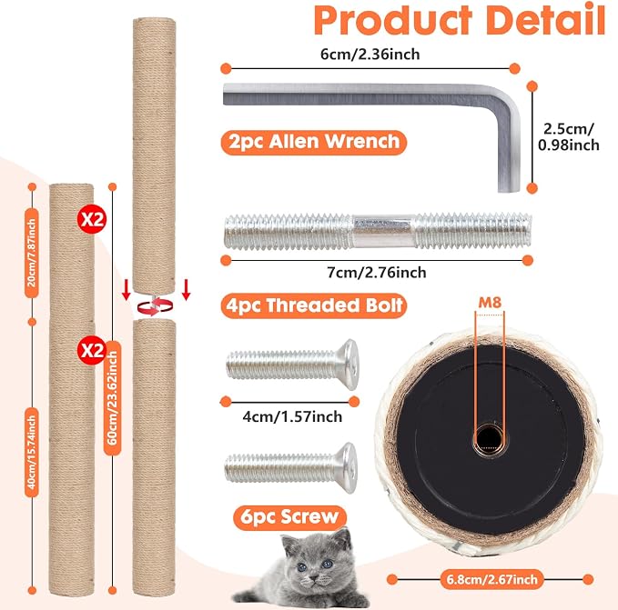 PowerKing Natural Sisal Replacement Scratching Post, 4 Pieces M8 Cat Scratch Post Refill Pole Parts for Refurbishment, White, Include Screws (Nature-15.7''+15.7''+7.87''+7.87'')