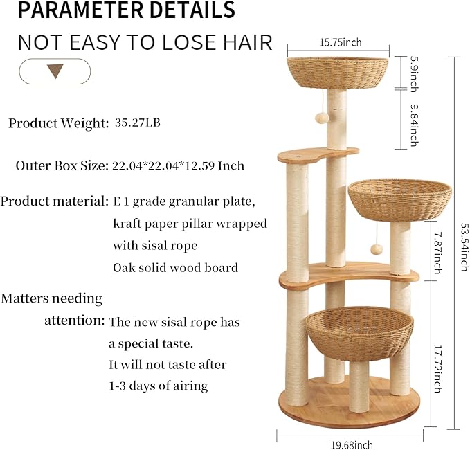 54" Modern Cat Tree Tower for Indoor Cats, Oak Cat Scratching Tree for Multiple Large Cats, Manual Hand Woven Luxury Cat Condo, Unique High-end Design Cat Furniture Activity Centre, Easy Clean