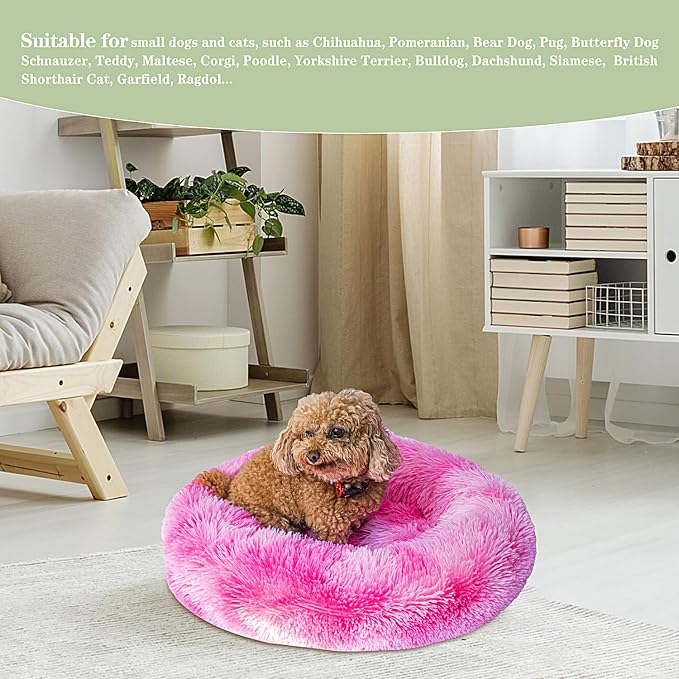 Calming Dog Bed for Small Dogs Cats, Kitty Puppy 23'' Round Anti-Anxiety Warm Fluffy Plush Faux Fur Bed, Soft Anti-Slip Donut Washable Small Pet Bed, Cozy Cat Puppy Bed, Fits up to 30 lbs Pets