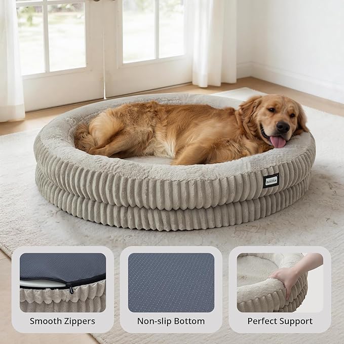 BALANCE Donut Dog Bed, 43 Inches Round Dog Bed Extra Large Size Dogs Washable, Orthopedic Calming Dogs Beds for Pets, Fluffy Plush Faux Fur Pet Bed with Anti-Slip Bottom