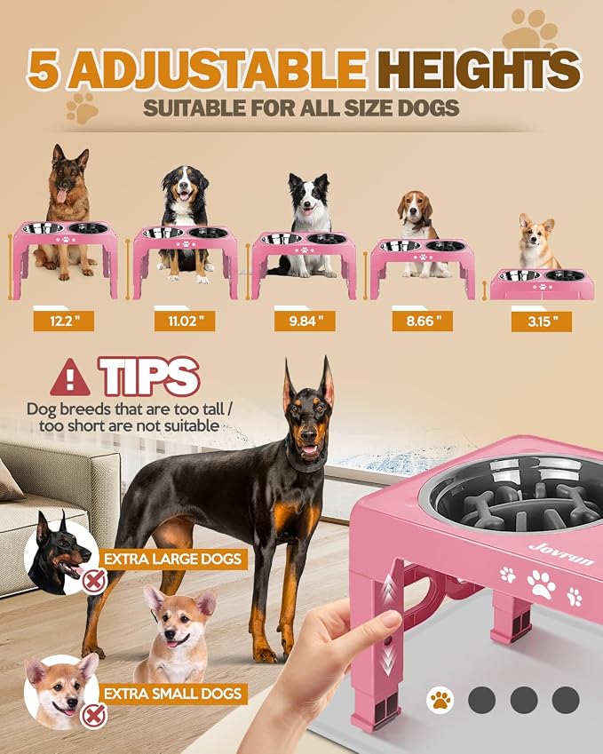 Jovrun Elevated Dog Bowls for Medium Large Dogs with Mat, Non-Slip Dog Feeder with 1*Stainless Steel Dishes & 1*Slow Feeder Bowl, 5 Heights Adjustable Raised Bowls for 3.15″-8.66″-9.84″-11.02″-12.2″
