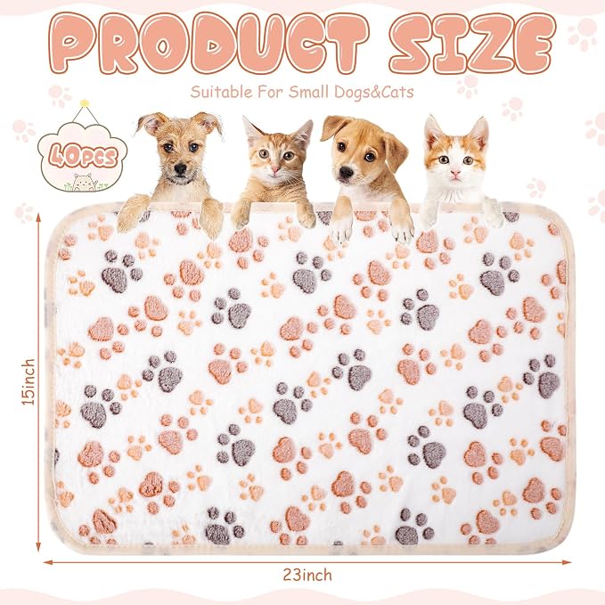 Chumia 40 Pcs Dog Blankets Soft Fluffy Fleece Washable Puppy Sleep Blankets Small Mat for Pets Throw Warm Bed Mat for Dog Puppy Cat (White,Paw)