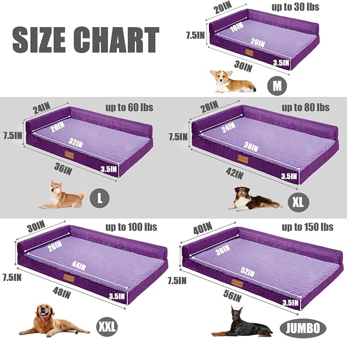 Patas Lague Orthopedic XL Dog Bed Large Sized Dog 48''X30'', Waterproof L Bolster Big Large Pet Sofa Beds with Removable Washable Cover, Soft Pet Couch Crate Mat with Nonskid Bottom, Purple