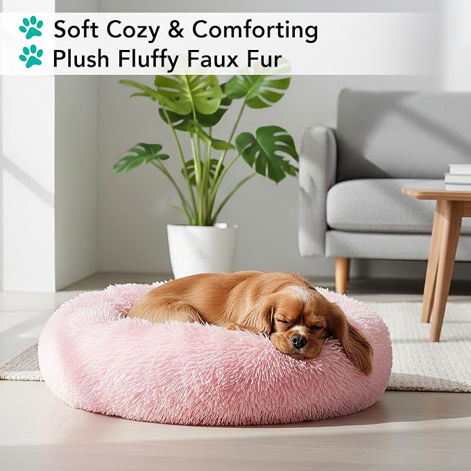PetAmi Calming Dog Bed for Small & Medium Dogs, Cats & Puppy, Warming Round Donut Cuddler Bed, Anti-Anxiety Fluffy Shaggy Faux Fur Pet Bed, Machine Washable, Non-Slip Bottom, 23 Inch - Pink