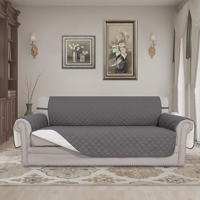 Easy-Going Reversible Couch Cover for 3 Cushion Couch Sofa Cover for Dogs Water Resistant Furniture Protector Cover with Foam Sticks Elastic Straps for Pet Cat (Sofa, Gray/Ivory)