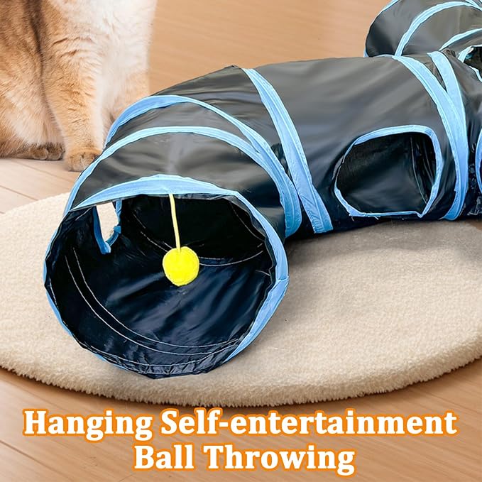 4-Way Large Cat Tunnel, H Shape Cat Tube Toy with Interactive Playing Balls, Peek Hole for Indoor Cats, Kitten, Kitty, Puppy, Rabbit (Black)