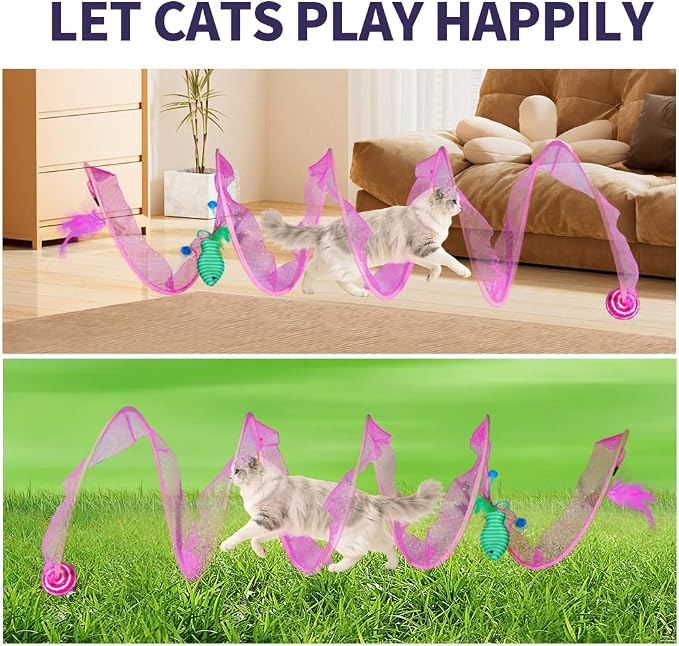 Cat Tunnel with Hanging Toys, Cat Toys Kitten Toys Assorted, Indoor Activity Center for Cats and Kittens, 10 x 22 inches (Pink)