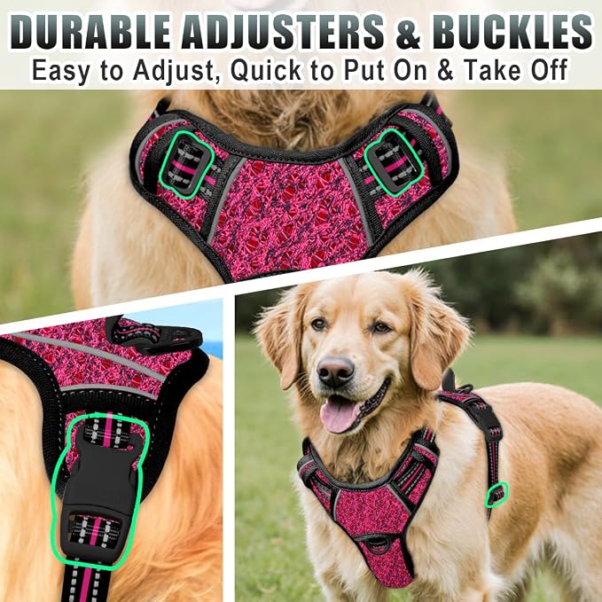 BARKBAY No Pull Dog Harness Large Reflective Dog Harness with Front Clip and Easy Control Handle for Walking Training Running with ID tag Pocket(Pink/Black,XL)