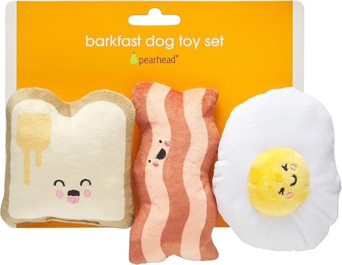 Pearhead Breakfast Dog Toy Set – 3-Piece Bunch Food Theme (Egg, Toast & Bacon) with Squeaker & Crinkle Paper – Interactive Pet Toy for Puppies & Dogs, Stocking Stuffer Ideas