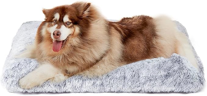 EHEYCIGA Fluffy Dog Crate Bed for Extra Large Dogs, Plush Faux Fur XLP Pad, Calming Anti Anxiety XL Plus Bed for Crate, Washable Soft Warm Dog Mat with Non-Slip Bottom, Grey