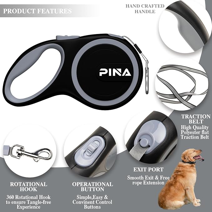 PINA Retractable Dog Leash, 26ft Dog Leash for Small Medium Large Dogs Up to 110lbs, 360° Tangle-Free Strong Reflective Nylon Tape, with Anti-Slip Handle, One-Handed Brake, Lock - 2PACK