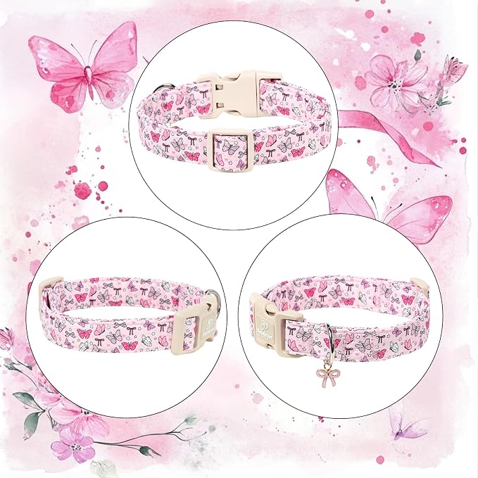Pink Dog Collar Girl Dog Collars for Medium Dogs - Lightweight Adjustable Spring Butterfly Female Dogs Everyday Collar with Quick Release Buckle M