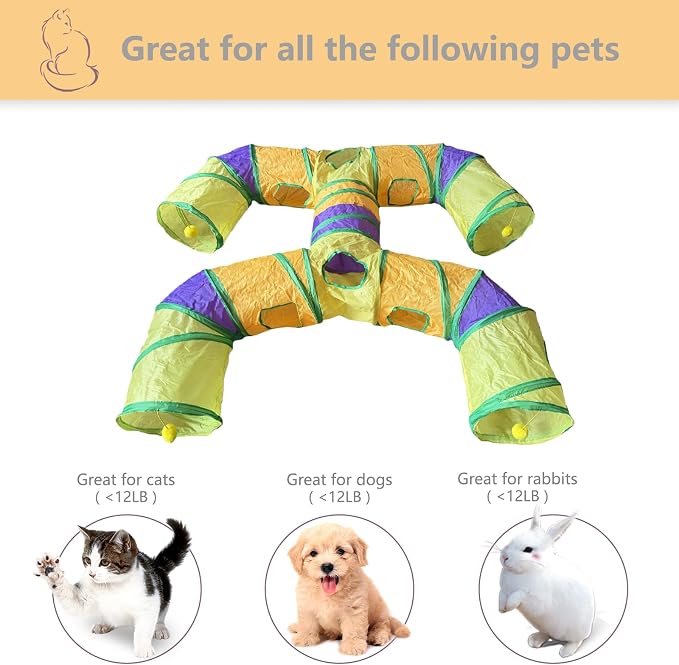 Foldable H-Shaped Cat Tunnel Toy with Interactive Playing Balls - 4 Exits for Cats, Kittens, Rabbits & Small Pets Collapsible Play Tube for Indoor Fun & Exercise (Colorful)