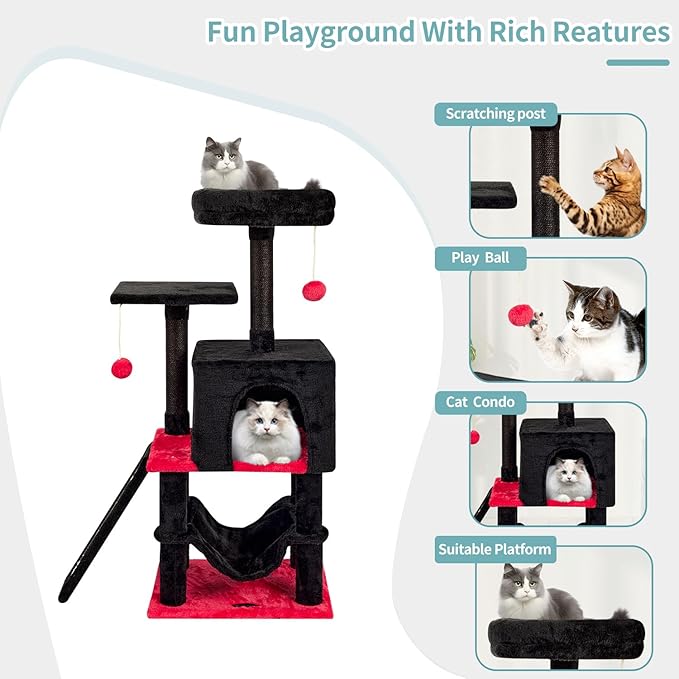 Gothic Cut Cat Tree with Coffin Bed for Indoor Cats Cat Tower with Scratching Post Modern Activity House for Large Cats Condo with Board Kittens Cave Hammock Hanging Ball RED Black