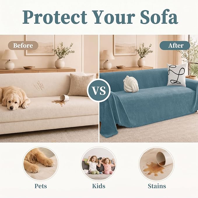 hyha Couch Cover for Dogs, Boho Sofa Covers for 3 Cushion Couch Washable, Chenille Sofa Slipcover for Pets, Soft Loveseat Sectional Couch Throw Blankets with Tassels (Blue, 71x102 Inch)