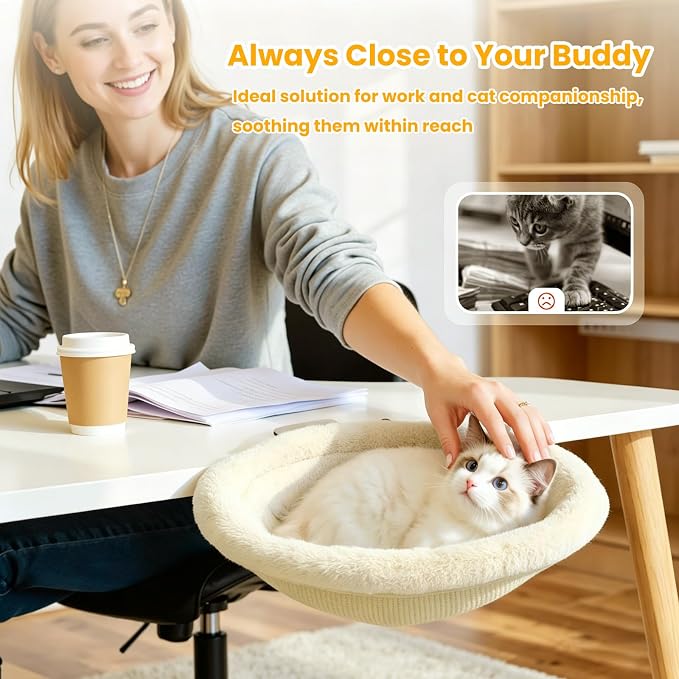 Pawaboo Cat Desk Bed, Sunken Cats Hammock with Steel Clamp Hold up to 40lbs, One-click Foldable Cat Side Table Beds with Soft Plush, Reversible & Washable Hanging Cats Bed for Game Home Desktop, Beige