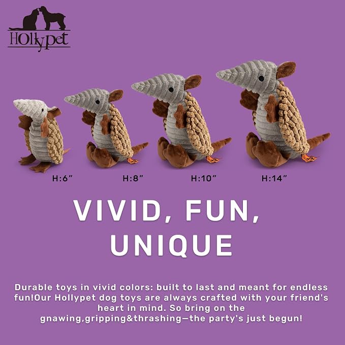 Hollypet Plush Dog Squeaky Toy Stuffed Armadillo Animal Pet Puppy Chew Toys with Clean Teeth for Small Medium Large All Breed Sizes Dogs, Light Brown, 10 in