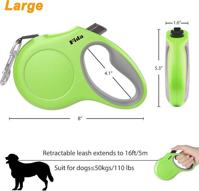 Fida Retractable Dog Leash with Dispenser and Poop Bags, 16 ft Pet Walking Leash for Large Dog up to 110 lbs, Anti-Slip Handle, Tangle Free, Reflective Nylon Tape (L, Green)