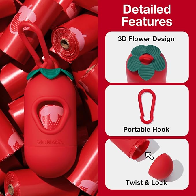 VETRESKA Dog Poop Bags with Handles 450 Count, Strawberry Scented Waste Bags, Leak-Proof Thick Dog Bags for Poop, Easy-Tie Large Poop Bags, 30 Refill Rolls with 1 Dispenser for Dog Walking Cat Litter