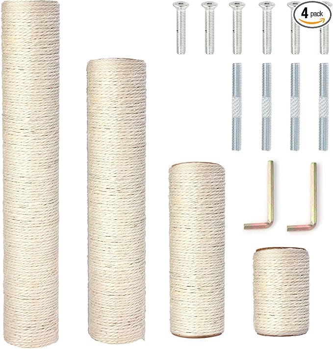 PowerKing Natural Sisal Replacement Scratching Post, 4 Pieces M8 Cat Scratch Post Refill Pole Parts for Refurbishment, White, Include Screws, White, 15.74''+11.88''+7.87''+3.93''