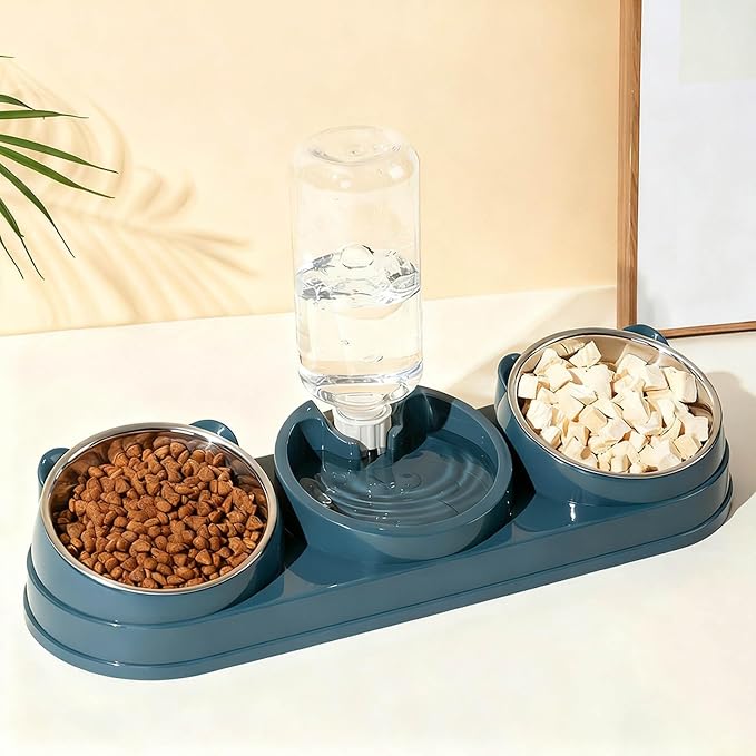 3 in 1 Cat Bowls Pet Feeder with Water Dispenser, 15° Raised Cat Dish Food and Water Bowls Set for Wet/Dry Food, Triple Pet Feeding Station for Rabbit Kitten Bunny (Blue)
