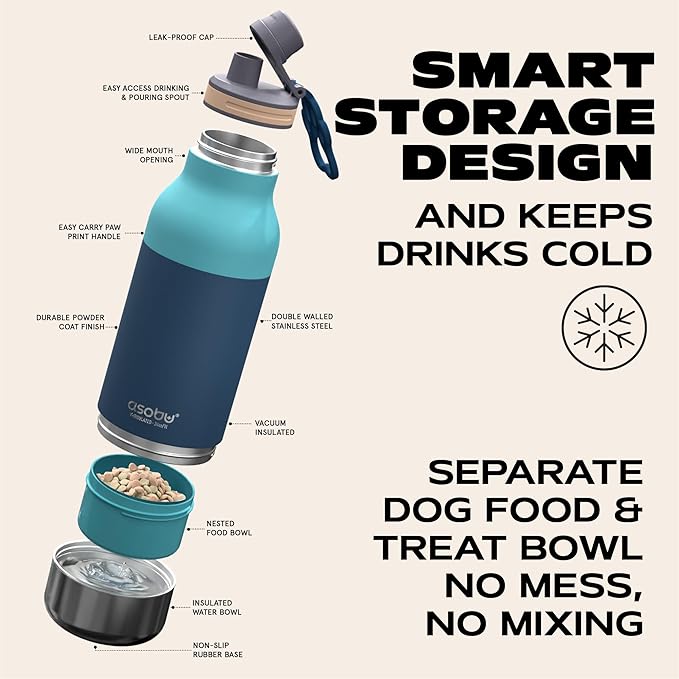 Asobu Buddy Bottle a Stainless Steel Insulated Water Bottle for with Removable Dog Water Bowl and Dog Food and Treat Storage Bowl (Pastel Green, 34 Oz)