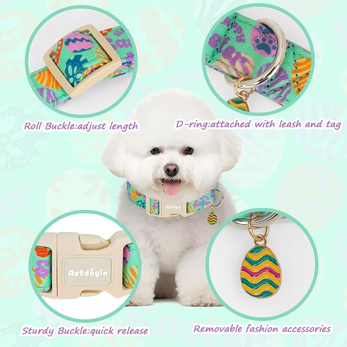 Easter Dog Collar for Extra Small Dogs, Adjustable Green Small Dog Collar with Colorful Eggs Pattern, Cute Easter Dog Collars Girl Boy Collar for Dogs -XS