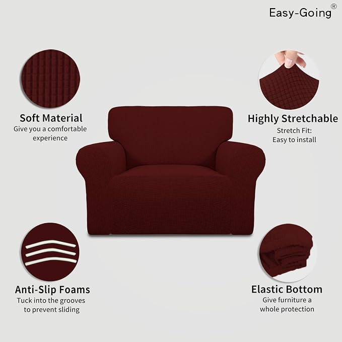 Easy-Going Stretch Oversized Chair Sofa Slipcover 1-Piece Couch Sofa Cover Furniture Protector Soft with Elastic Bottom for Kids Spandex Jacquard Fabric Small Checks Wine