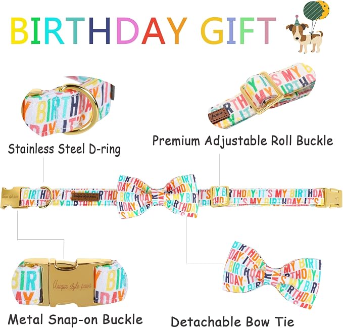 Unqiue Style Paws Birthday Dog Collar, Soft and Cute Dog Bow Tie, Durable Pet Collar with Bow Adjustable Bow Dog Collar for Medium Dogs
