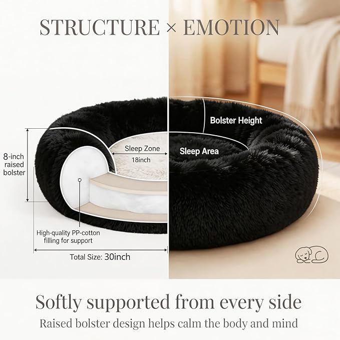 Calming Donut Dogs Beds for Medium Dogs up to 45 lb,30inch Anti-Slip Plush Round Dog Bed with Raised Rim,Fluffy Faux Fur Pet Bed for Cozy Sleep,Black